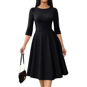 imageHomRain Womens Fit and Flare Midi Dress34 Sleeve Modest Church Dress Classy Causal Work Dresses with PocketsBlack