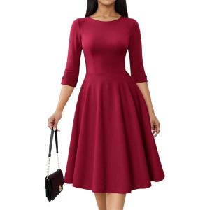 imageHomRain Womens Fit and Flare Midi Dress34 Sleeve Modest Church Dress Classy Causal Work Dresses with PocketsBurgundy