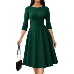 imageHomRain Womens Fit and Flare Midi Dress34 Sleeve Modest Church Dress Classy Causal Work Dresses with PocketsDark Green