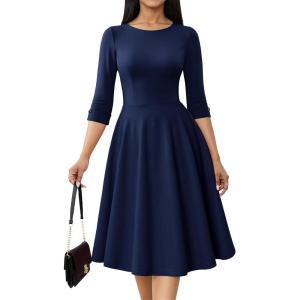 imageHomRain Womens Fit and Flare Midi Dress34 Sleeve Modest Church Dress Classy Causal Work Dresses with PocketsNavy
