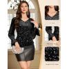imageHomRain Womens Long Sleeve Sparkle Velvet Top Casual Shirts V Neck Glitter Night Out Tops for Elegant EveningBlack