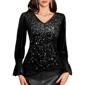 imageHomRain Womens Long Sleeve Sparkle Velvet Top Casual Shirts V Neck Glitter Night Out Tops for Elegant EveningBlack