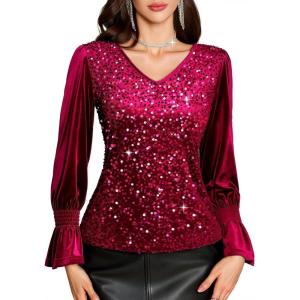 imageHomRain Womens Long Sleeve Sparkle Velvet Top Casual Shirts V Neck Glitter Night Out Tops for Elegant EveningDark Red