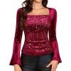 imageHomRain Womens Long Sleeve Sequin Velvet Tops Boat Neck Sparkly Party Blouse Evening Holiday Shiny Casual ShirtsDark Red