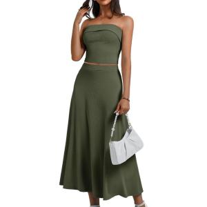 imageHomRain Womens 2 Piece Skirt SetsTube Top Maxi Skirt Sets 2 Piece Outfits for Wedding Formal CausalArm Green