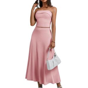 imageHomRain Womens 2 Piece Skirt SetsTube Top Maxi Skirt Sets 2 Piece Outfits for Wedding Formal CausalBlush