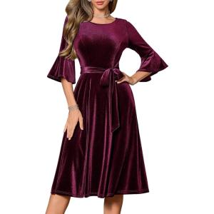 imageHomRain Womens Long Sleeve Velvet Midi Dresses for Wedding Guest Church Formal Winter Christmas Cocktail PartyVelvetburgundy