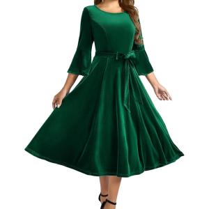 imageHomRain Womens Long Sleeve Velvet Midi Dresses for Wedding Guest Church Formal Winter Christmas Cocktail PartyVelvetdarkgreen