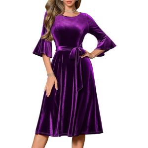 imageHomRain Womens Long Sleeve Velvet Midi Dresses for Wedding Guest Church Formal Winter Christmas Cocktail PartyVelvetgrape