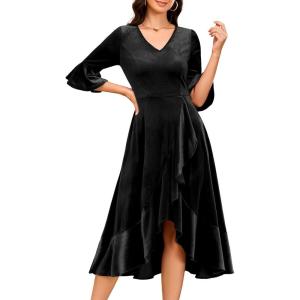 imageHomRain Womens Wedding Guest Dress Elegant Formal Cocktail Bell Sleeve Dress for Prom Homecoming Tea PartyVelvetblack