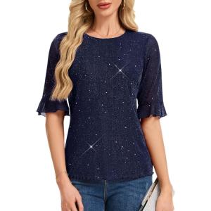 imageHomRain Womens Ruffle 34 Sleeve Sparkle Top Blouses Casual Shirts Crew Neck Glitter Night Out Tops for Elegant EveningNavy
