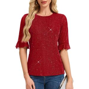 imageHomRain Womens Ruffle 34 Sleeve Sparkle Top Blouses Casual Shirts Crew Neck Glitter Night Out Tops for Elegant EveningRed