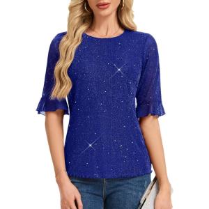 imageHomRain Womens Ruffle 34 Sleeve Sparkle Top Blouses Casual Shirts Crew Neck Glitter Night Out Tops for Elegant EveningRoyalblue