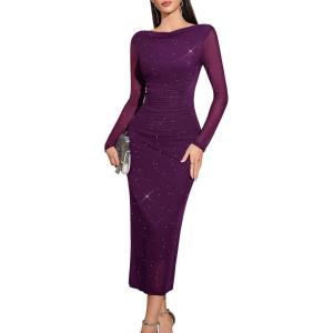 imageHomRain Womens Sequin Mesh Maxi Dress Long Sleeve Bodycon Dresses for Fall Party Holiday Club OutfitPurple