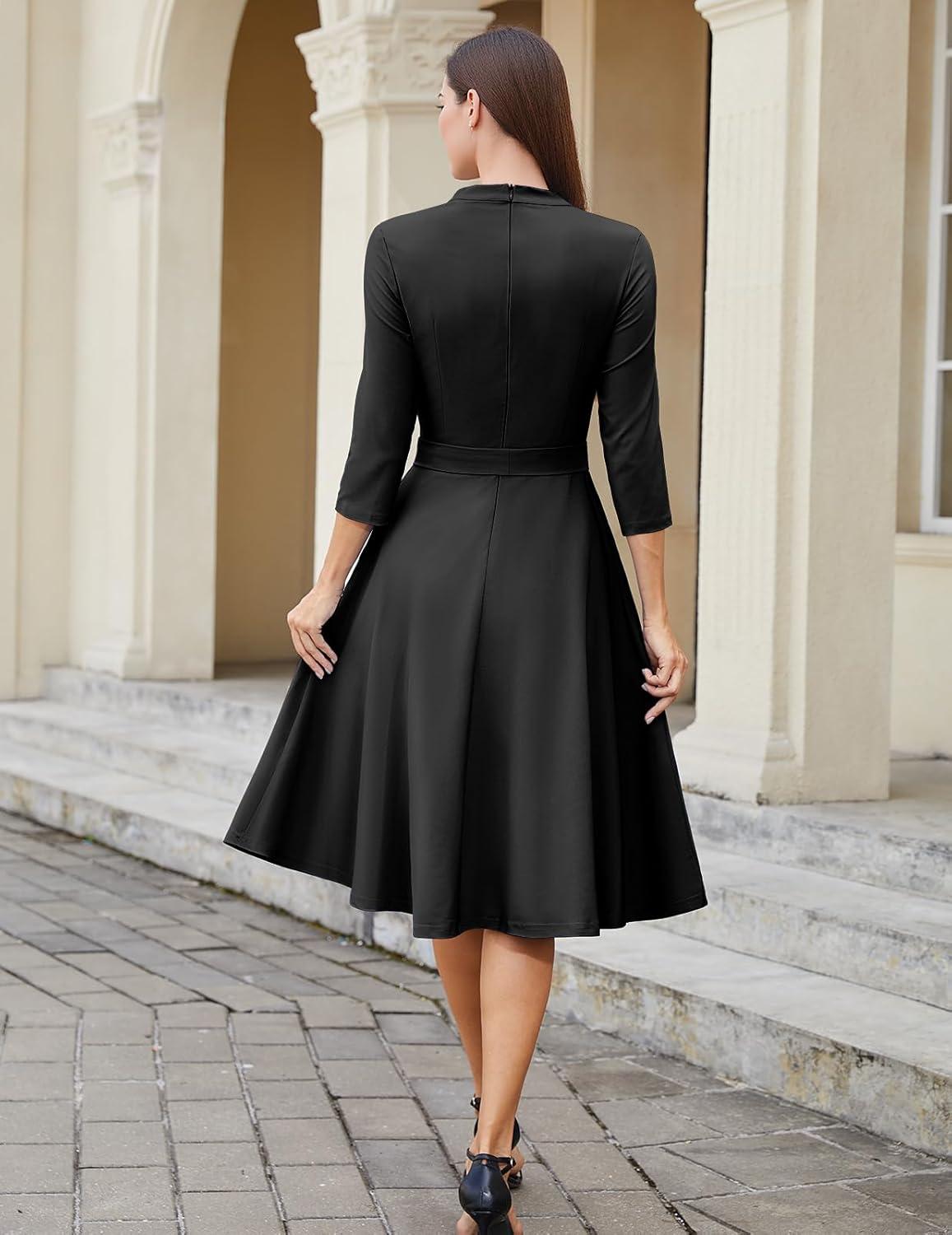 imageHomRain Elegant Long Sleeve Church Dress for Women VNeck ALine Swing Cocktail Causal Dress with PocketsBlack