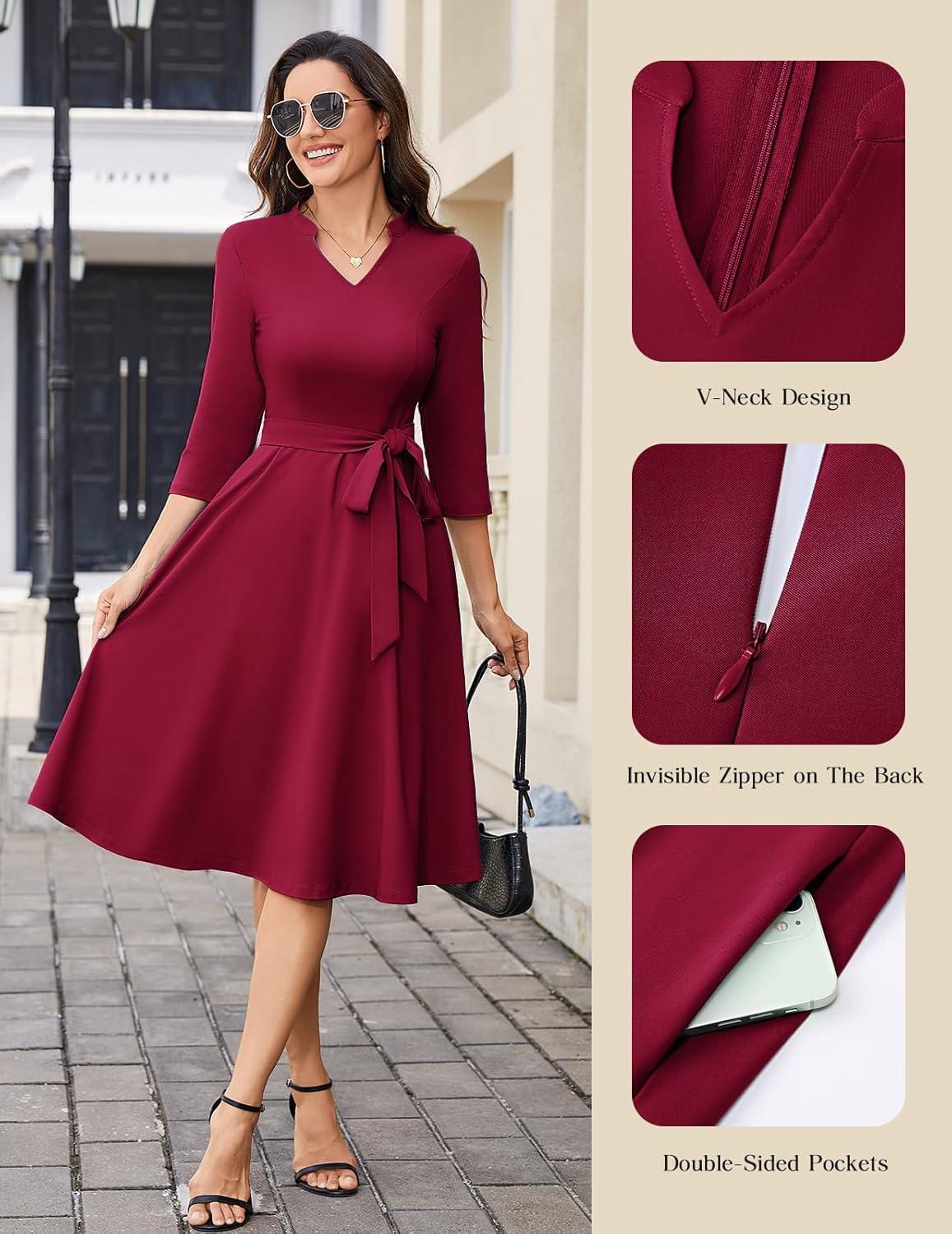 imageHomRain Elegant Long Sleeve Church Dress for Women VNeck ALine Swing Cocktail Causal Dress with PocketsBurgundy
