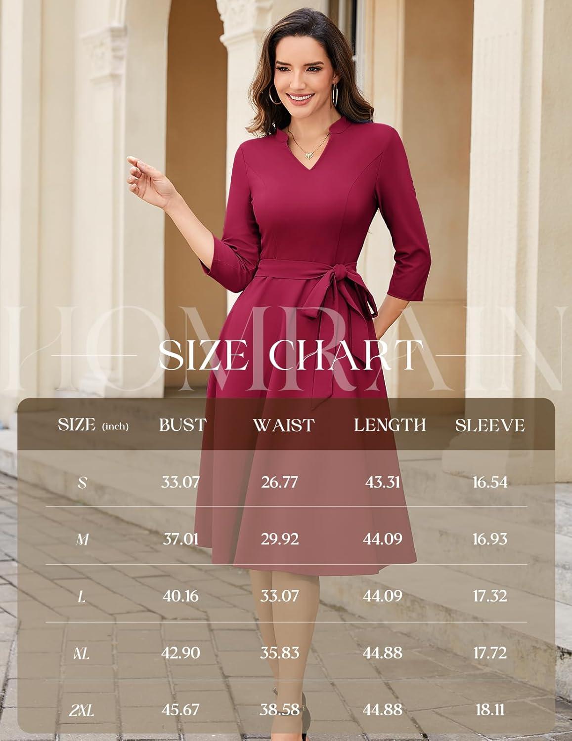 imageHomRain Elegant Long Sleeve Church Dress for Women VNeck ALine Swing Cocktail Causal Dress with PocketsBurgundy