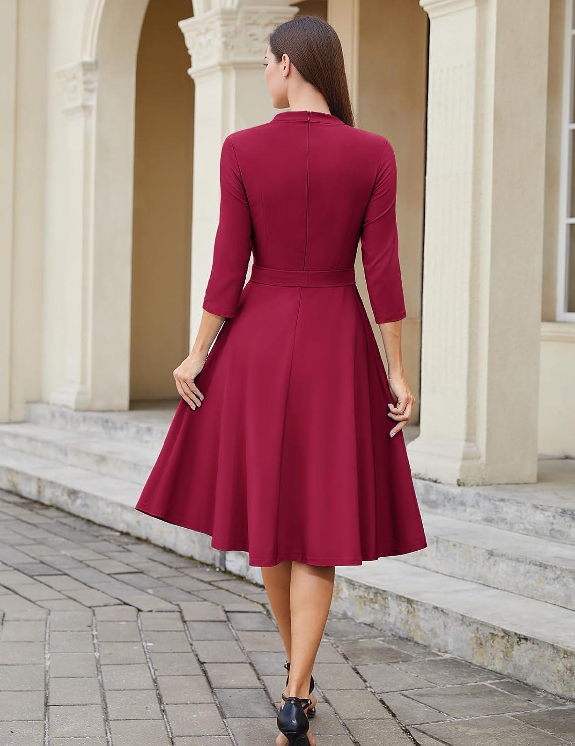 imageHomRain Elegant Long Sleeve Church Dress for Women VNeck ALine Swing Cocktail Causal Dress with PocketsBurgundy