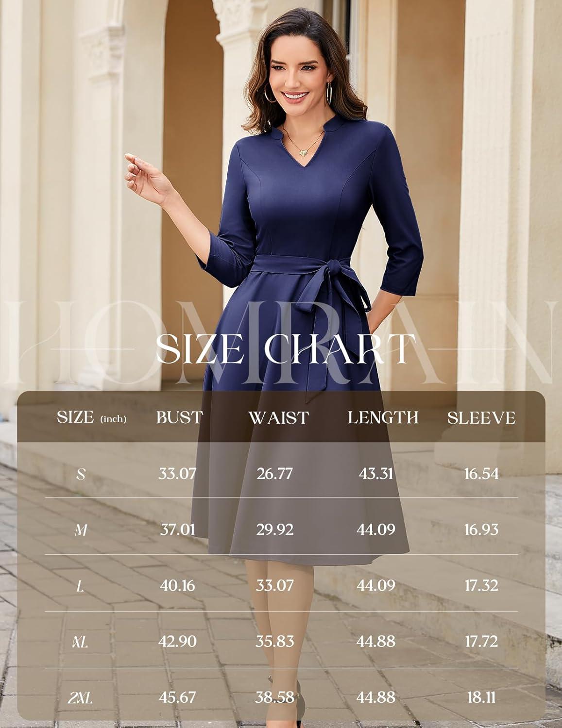 imageHomRain Elegant Long Sleeve Church Dress for Women VNeck ALine Swing Cocktail Causal Dress with PocketsNavy