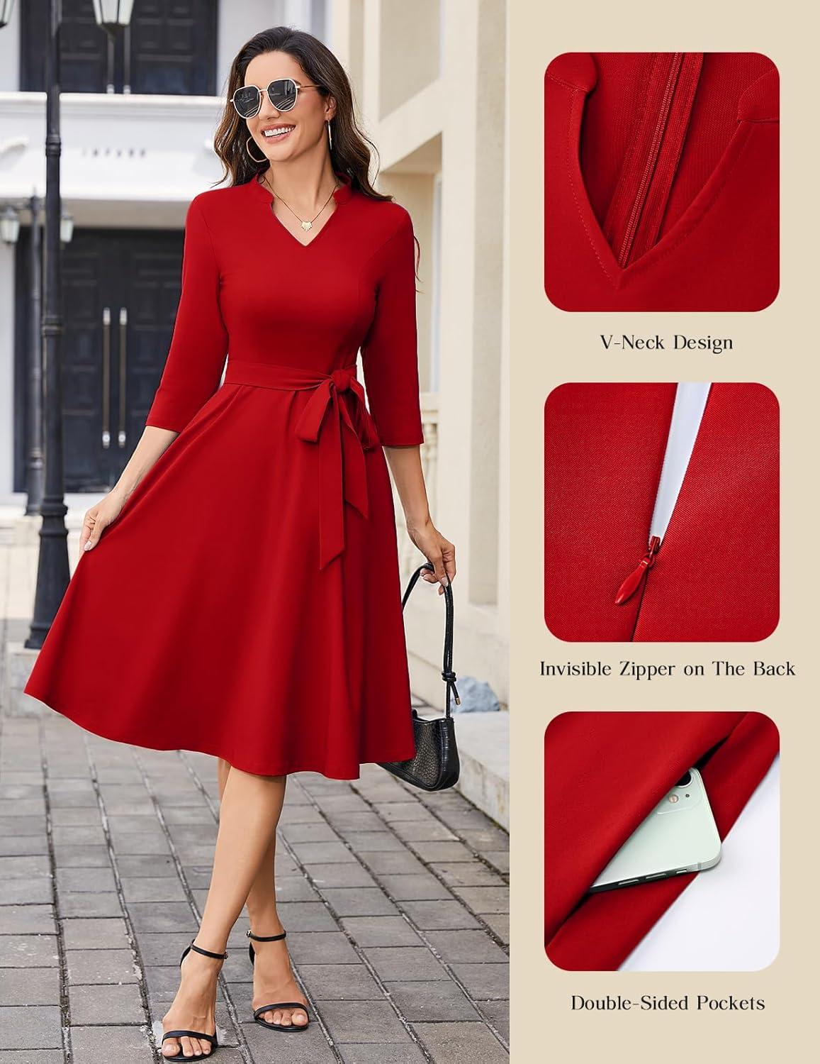 imageHomRain Elegant Long Sleeve Church Dress for Women VNeck ALine Swing Cocktail Causal Dress with PocketsRed