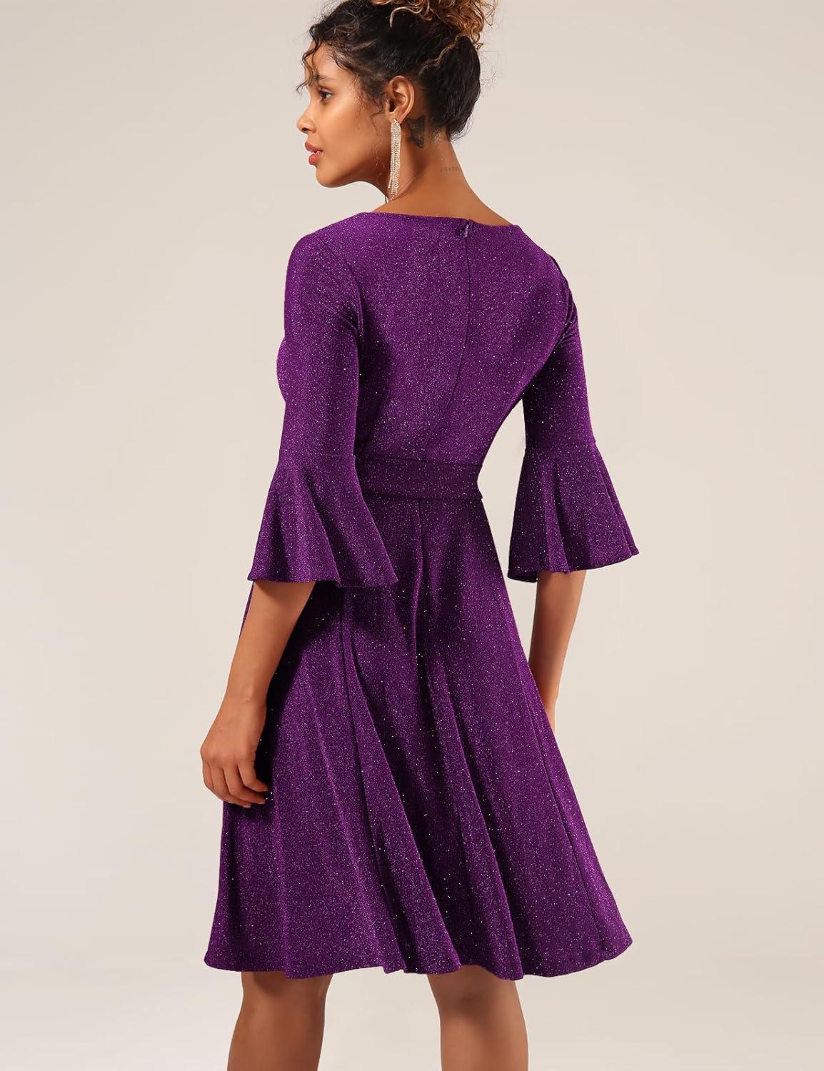 imageHomRain Womens Church Dresses for 2025 Wedding Guest Cocktail Tea Party Bell Sleeve Vintage Evening Graduation DressGlittergrape