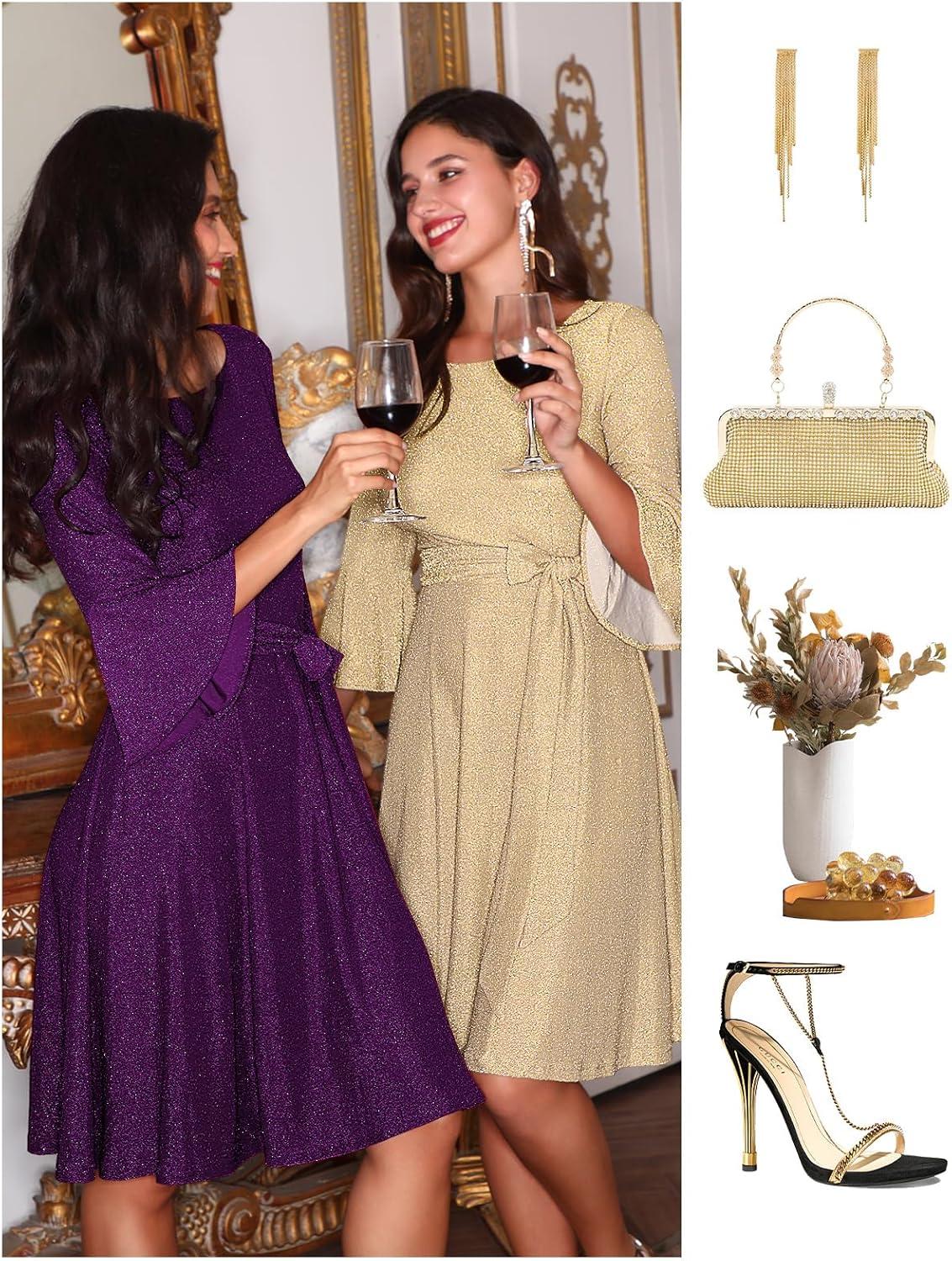 imageHomRain Womens Church Dresses for 2025 Wedding Guest Cocktail Tea Party Bell Sleeve Vintage Evening Graduation DressGlittergrape