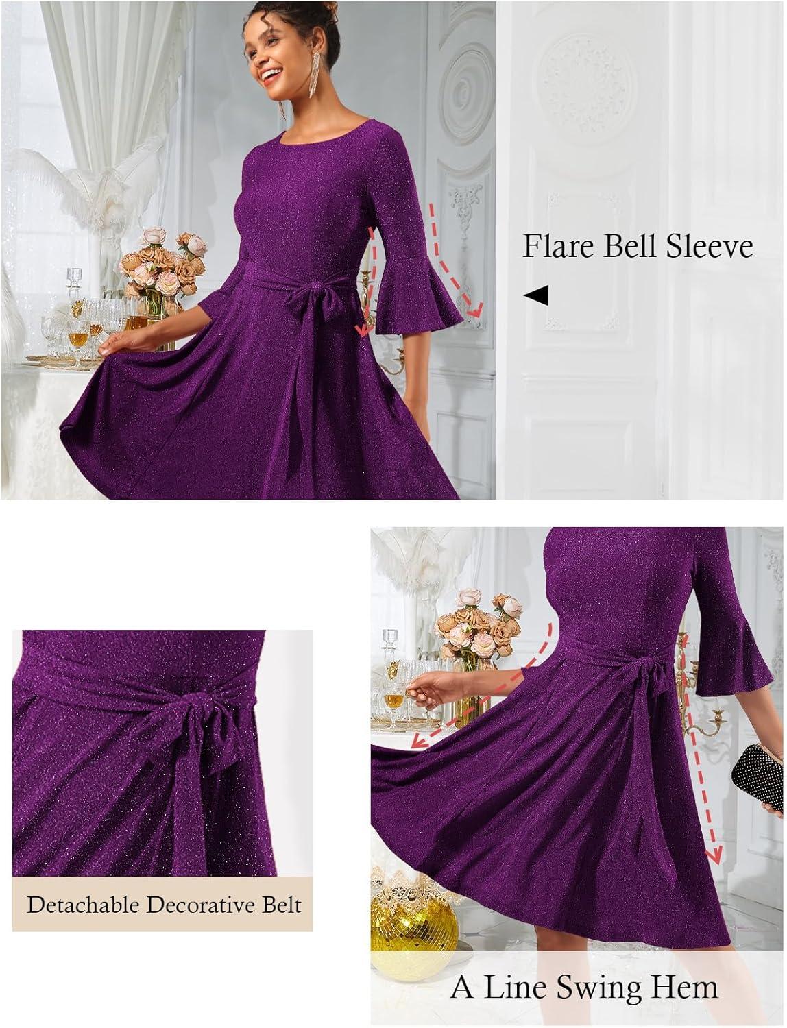 imageHomRain Womens Church Dresses for 2025 Wedding Guest Cocktail Tea Party Bell Sleeve Vintage Evening Graduation DressGlittergrape