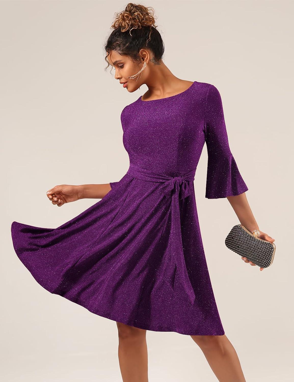 imageHomRain Womens Church Dresses for 2025 Wedding Guest Cocktail Tea Party Bell Sleeve Vintage Evening Graduation DressGlittergrape