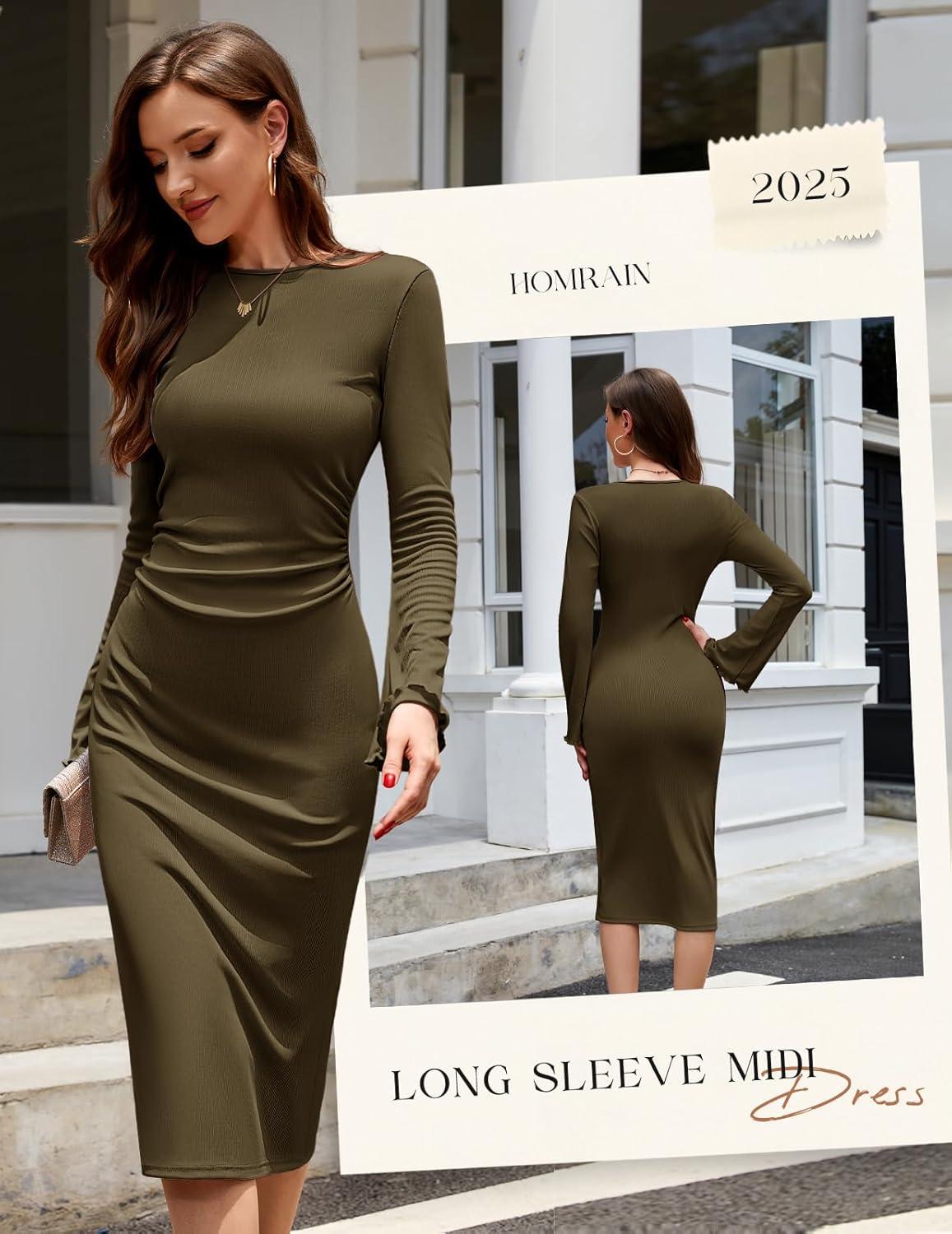 imageHomRain Womens Crew Neck Bodycon Dresses for 2025 Fall Ribbed Knit Midi Fashion Date Party Cocktail DressArmy Green
