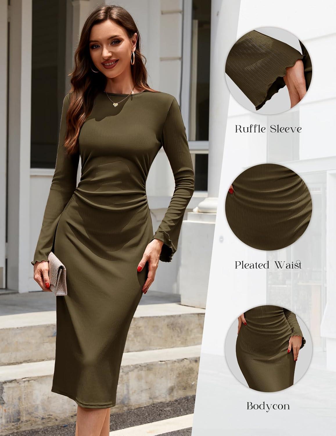 imageHomRain Womens Crew Neck Bodycon Dresses for 2025 Fall Ribbed Knit Midi Fashion Date Party Cocktail DressArmy Green