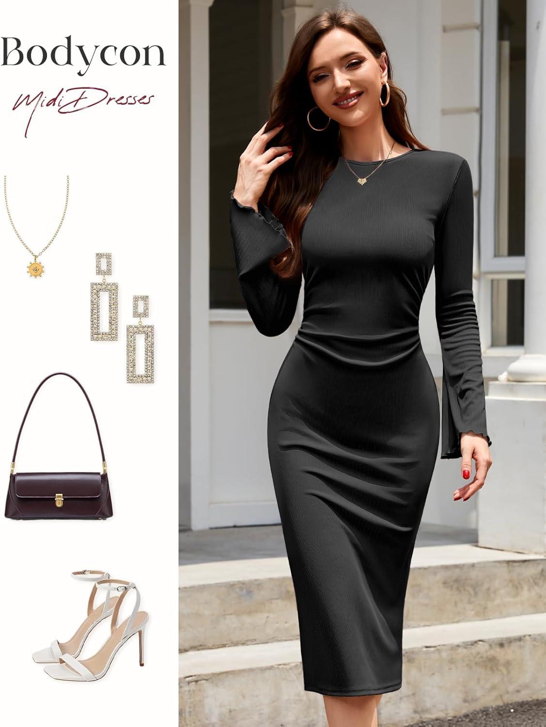 imageHomRain Womens Crew Neck Bodycon Dresses for 2025 Fall Ribbed Knit Midi Fashion Date Party Cocktail DressBlack