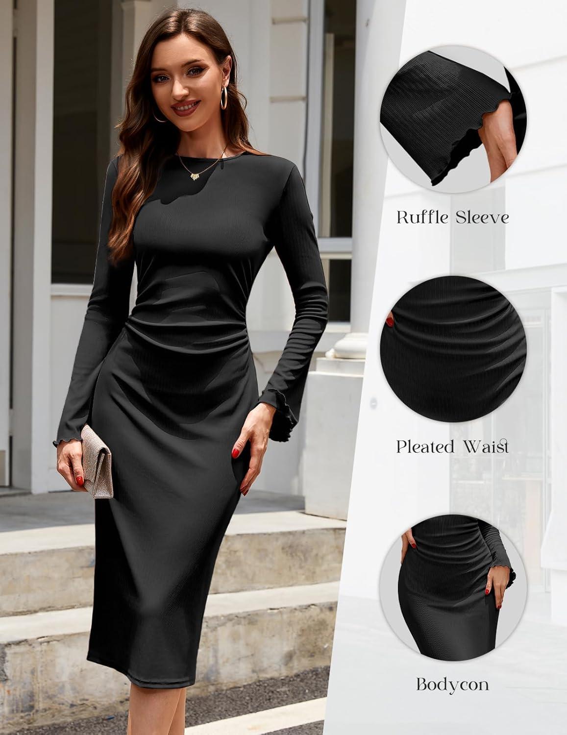 imageHomRain Womens Crew Neck Bodycon Dresses for 2025 Fall Ribbed Knit Midi Fashion Date Party Cocktail DressBlack