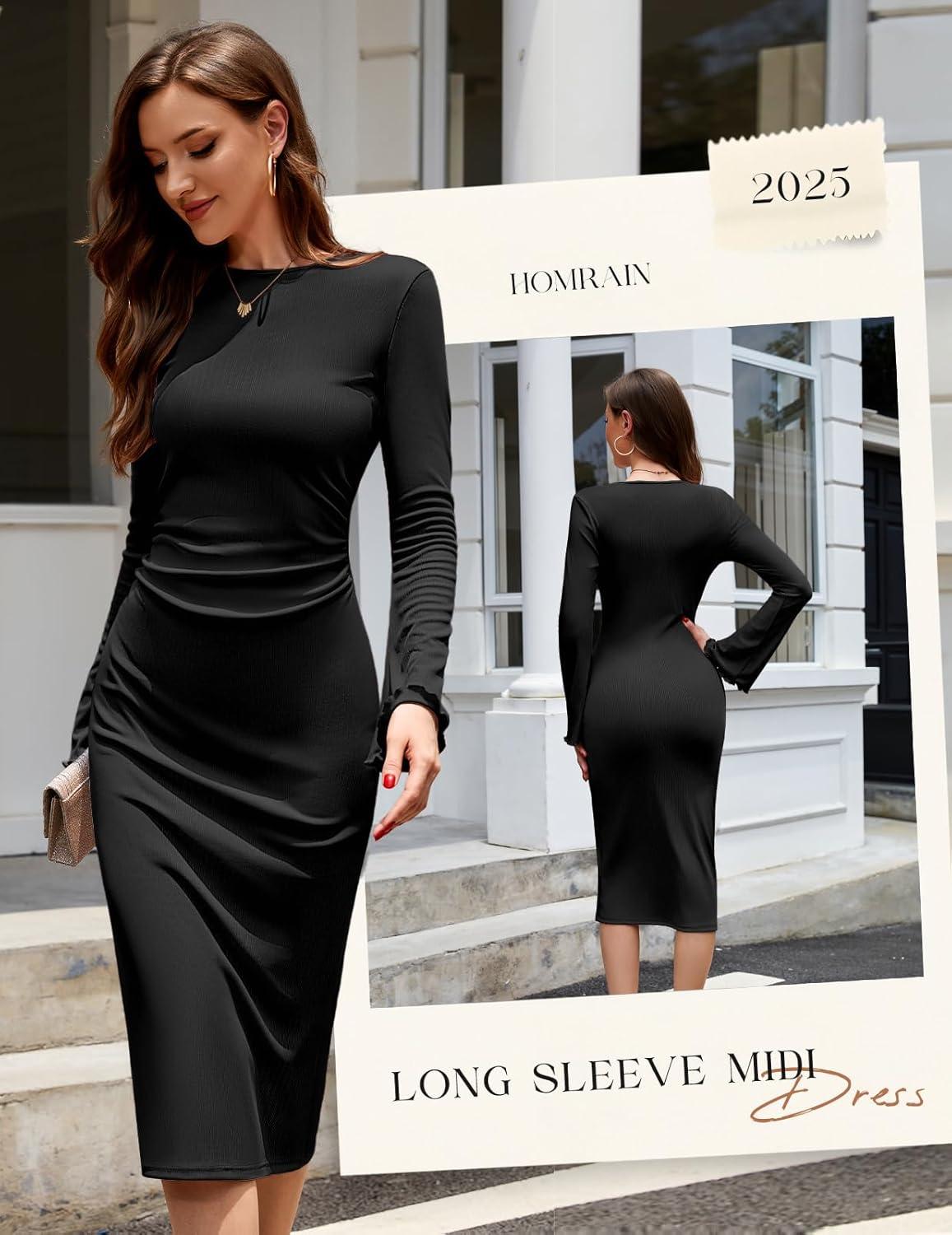 imageHomRain Womens Crew Neck Bodycon Dresses for 2025 Fall Ribbed Knit Midi Fashion Date Party Cocktail DressBlack