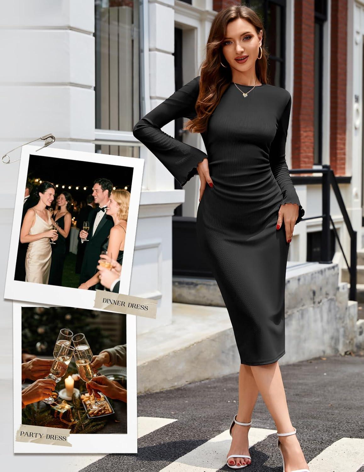 imageHomRain Womens Crew Neck Bodycon Dresses for 2025 Fall Ribbed Knit Midi Fashion Date Party Cocktail DressBlack