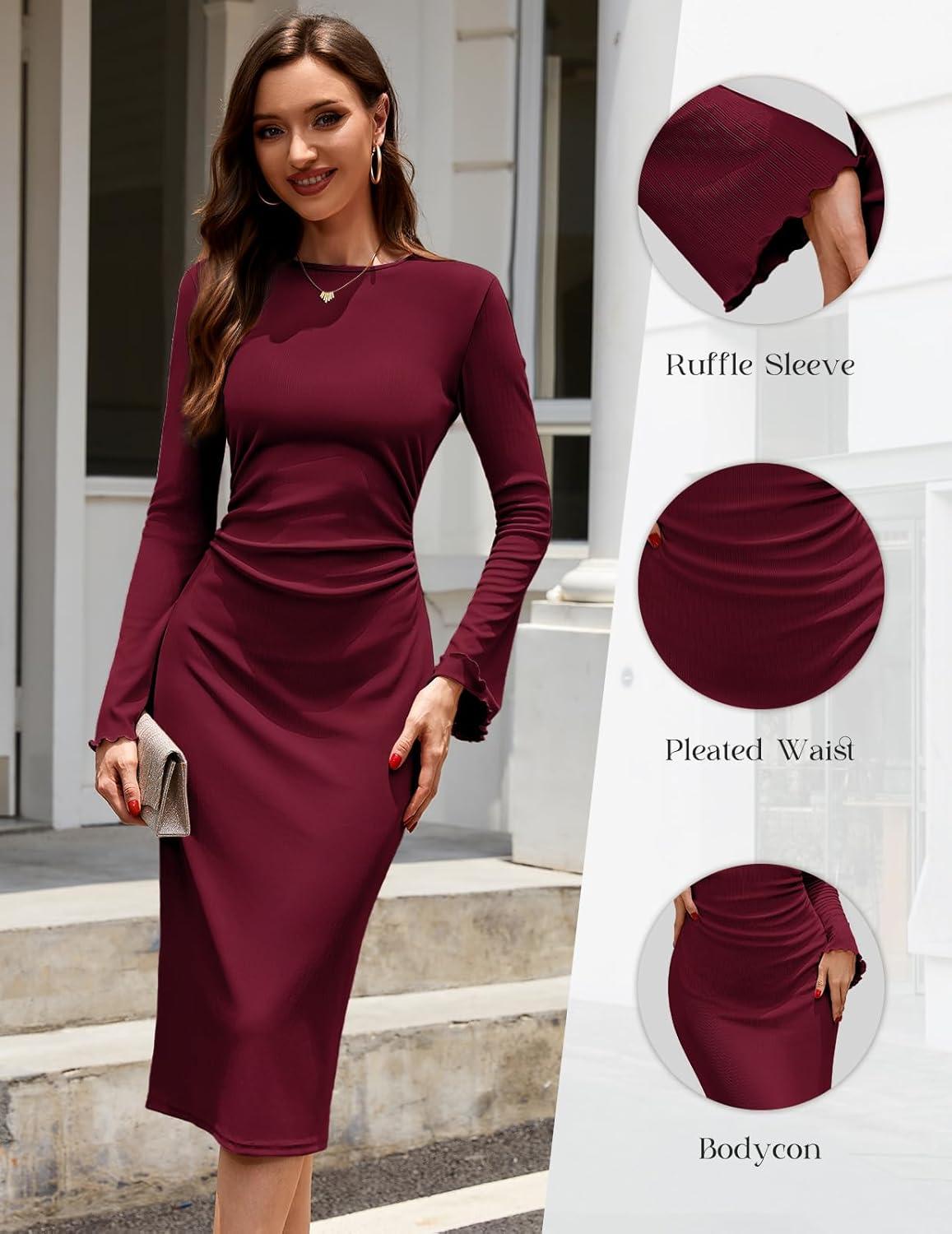 imageHomRain Womens Crew Neck Bodycon Dresses for 2025 Fall Ribbed Knit Midi Fashion Date Party Cocktail DressBurgundy