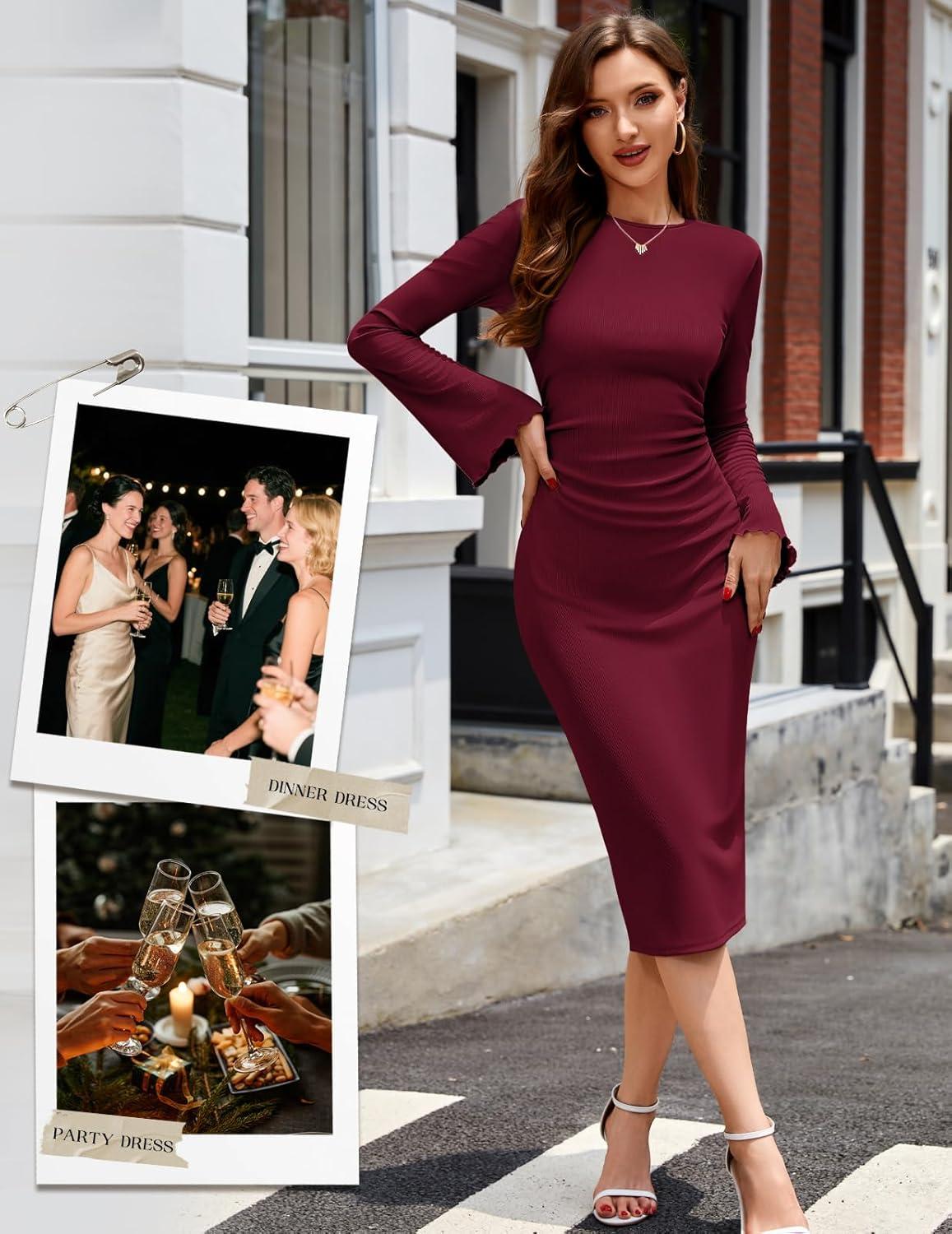 imageHomRain Womens Crew Neck Bodycon Dresses for 2025 Fall Ribbed Knit Midi Fashion Date Party Cocktail DressBurgundy