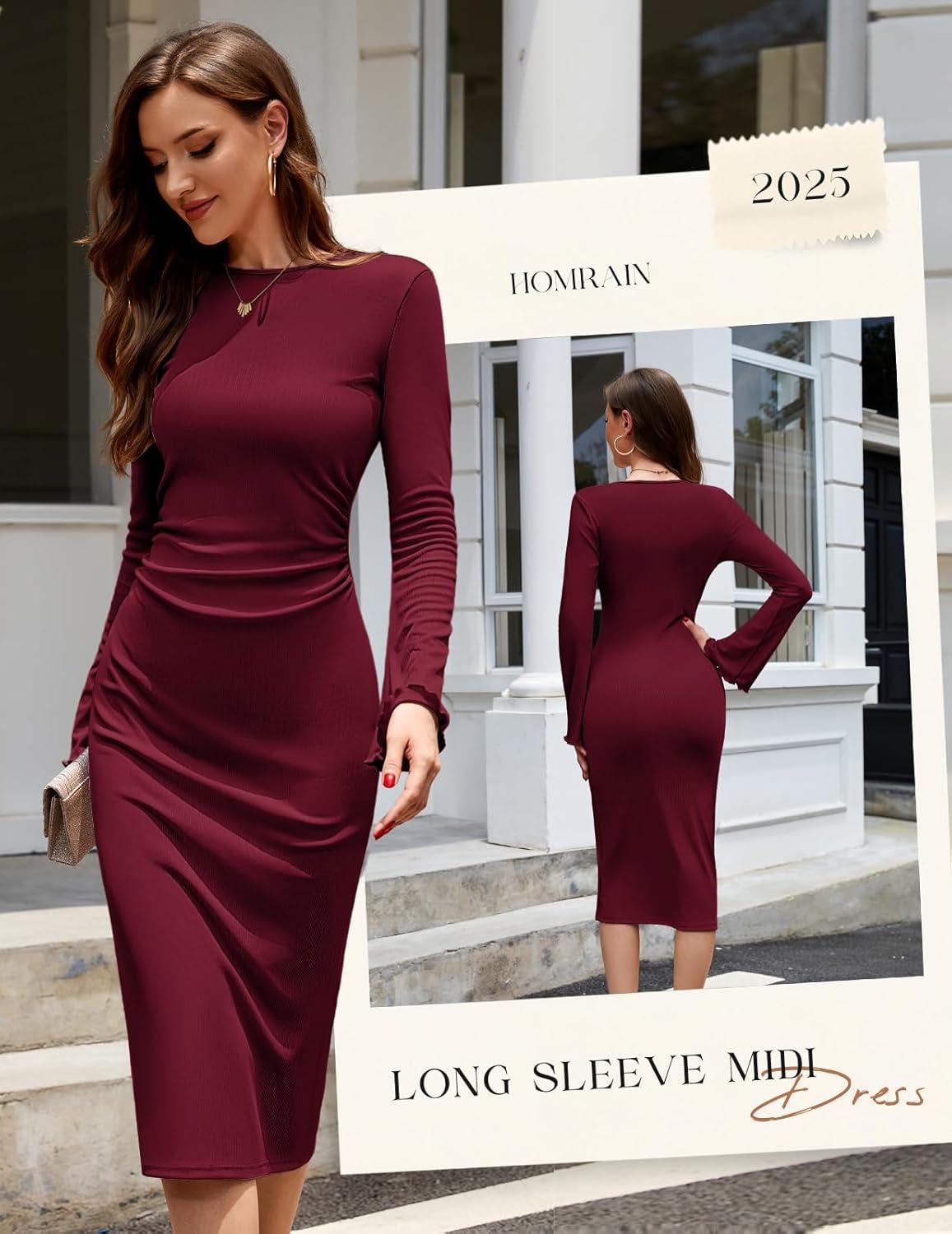 imageHomRain Womens Crew Neck Bodycon Dresses for 2025 Fall Ribbed Knit Midi Fashion Date Party Cocktail DressBurgundy