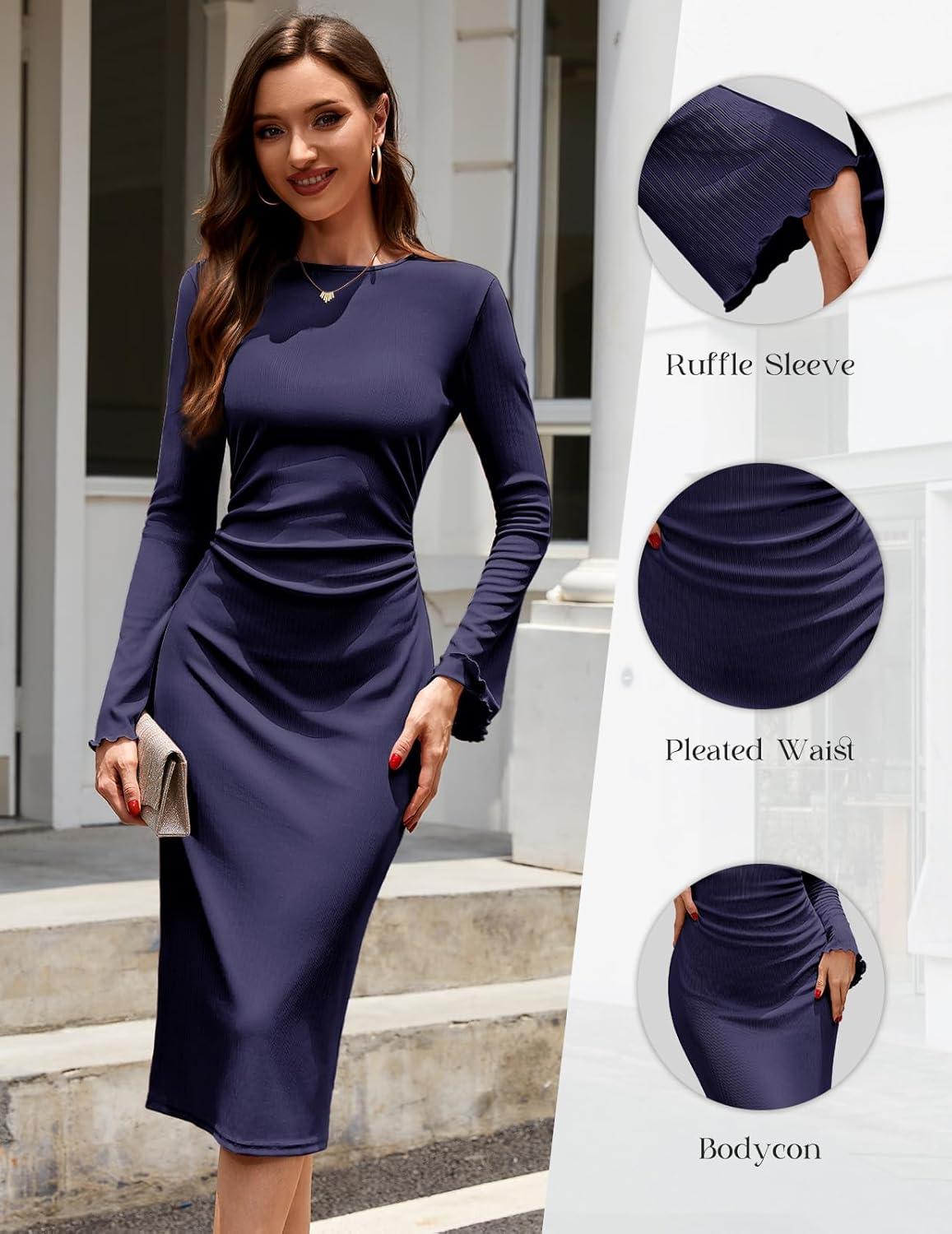 imageHomRain Womens Crew Neck Bodycon Dresses for 2025 Fall Ribbed Knit Midi Fashion Date Party Cocktail DressNavy