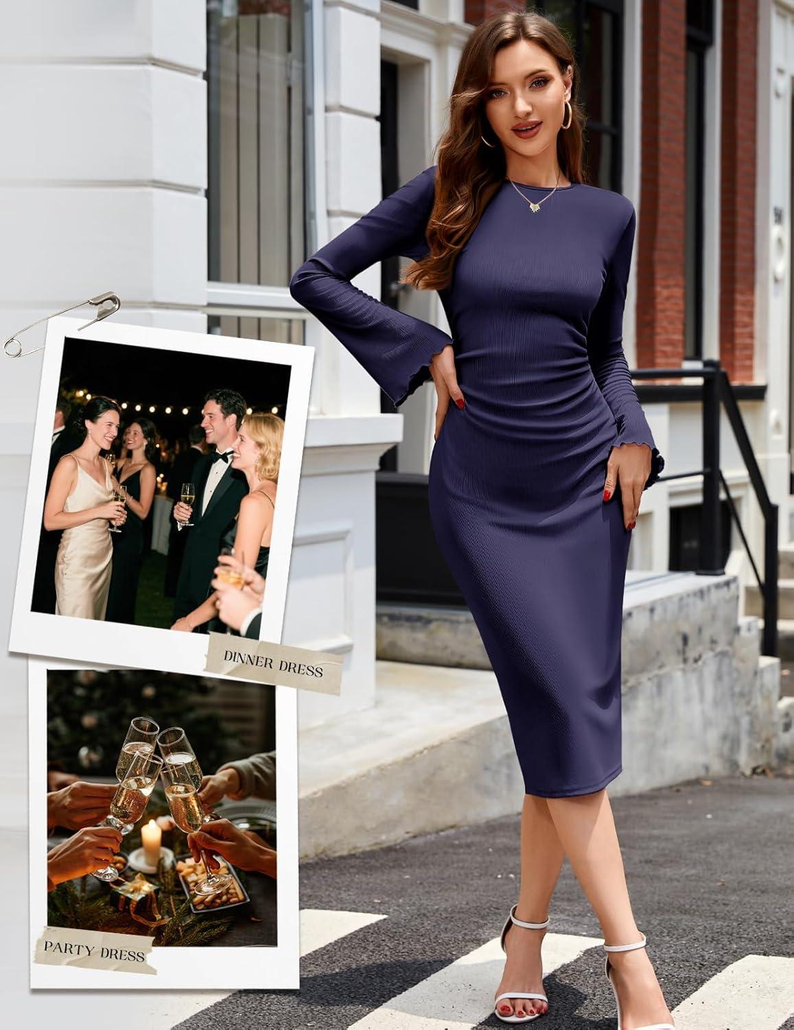 imageHomRain Womens Crew Neck Bodycon Dresses for 2025 Fall Ribbed Knit Midi Fashion Date Party Cocktail DressNavy