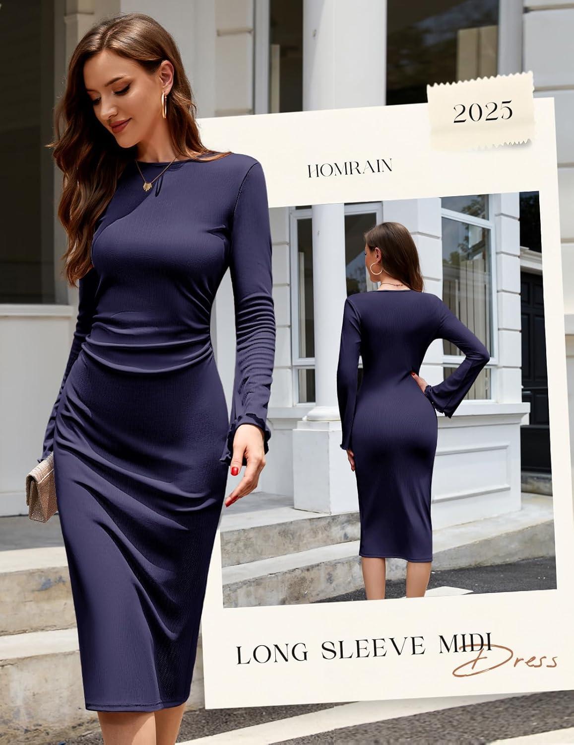 imageHomRain Womens Crew Neck Bodycon Dresses for 2025 Fall Ribbed Knit Midi Fashion Date Party Cocktail DressNavy