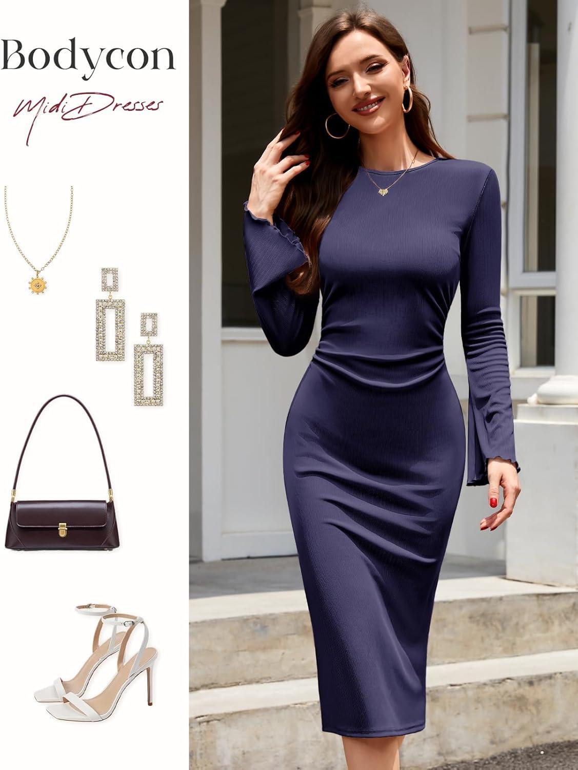 imageHomRain Womens Crew Neck Bodycon Dresses for 2025 Fall Ribbed Knit Midi Fashion Date Party Cocktail DressNavy