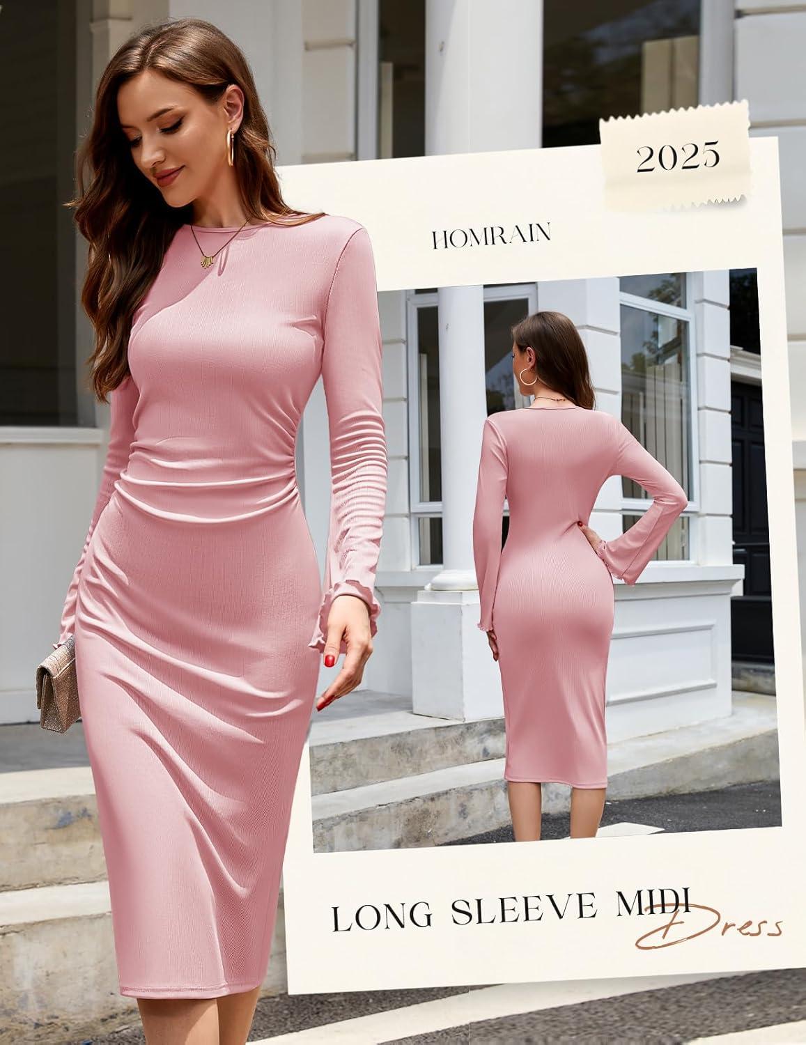 imageHomRain Womens Crew Neck Bodycon Dresses for 2025 Fall Ribbed Knit Midi Fashion Date Party Cocktail DressPink