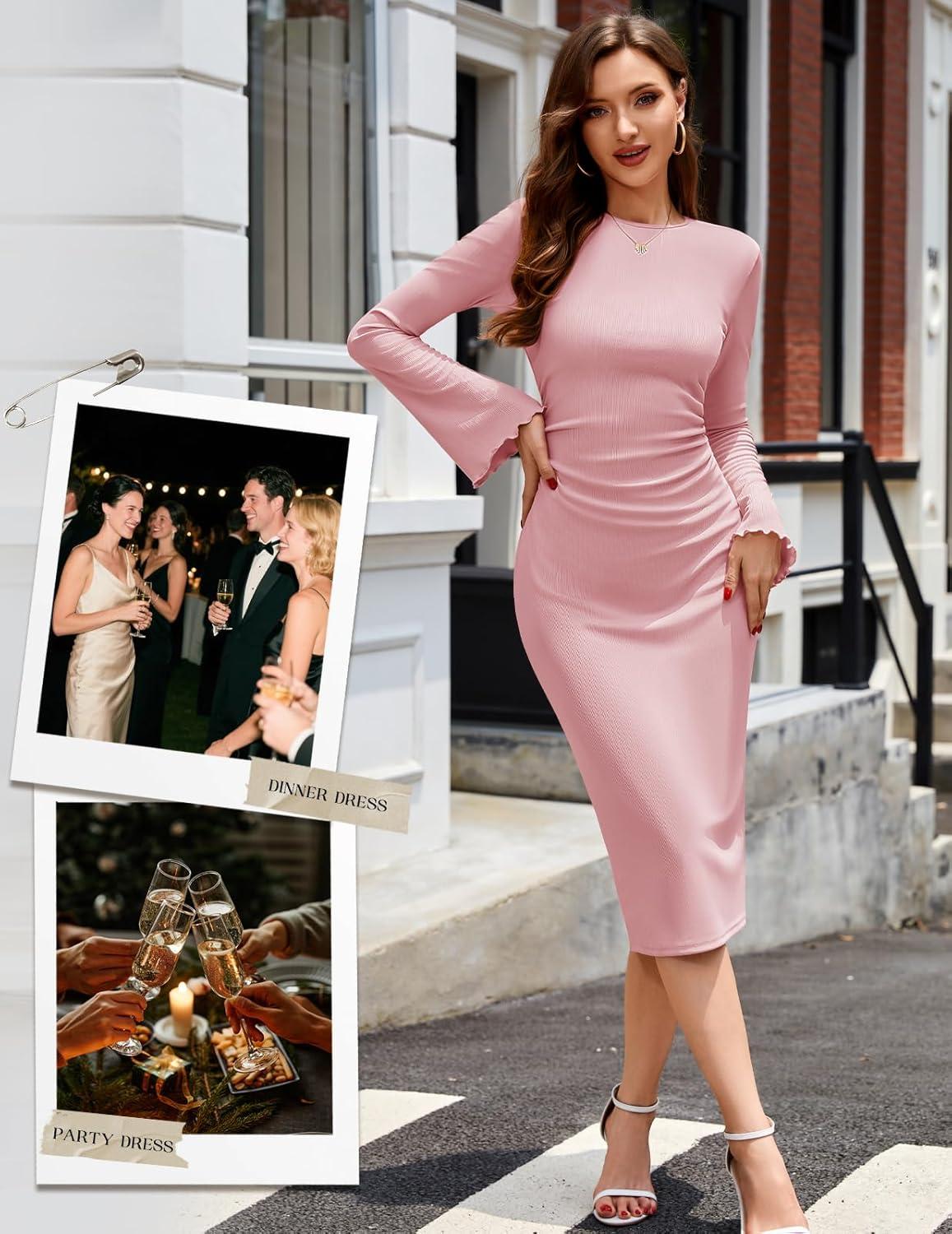 imageHomRain Womens Crew Neck Bodycon Dresses for 2025 Fall Ribbed Knit Midi Fashion Date Party Cocktail DressPink