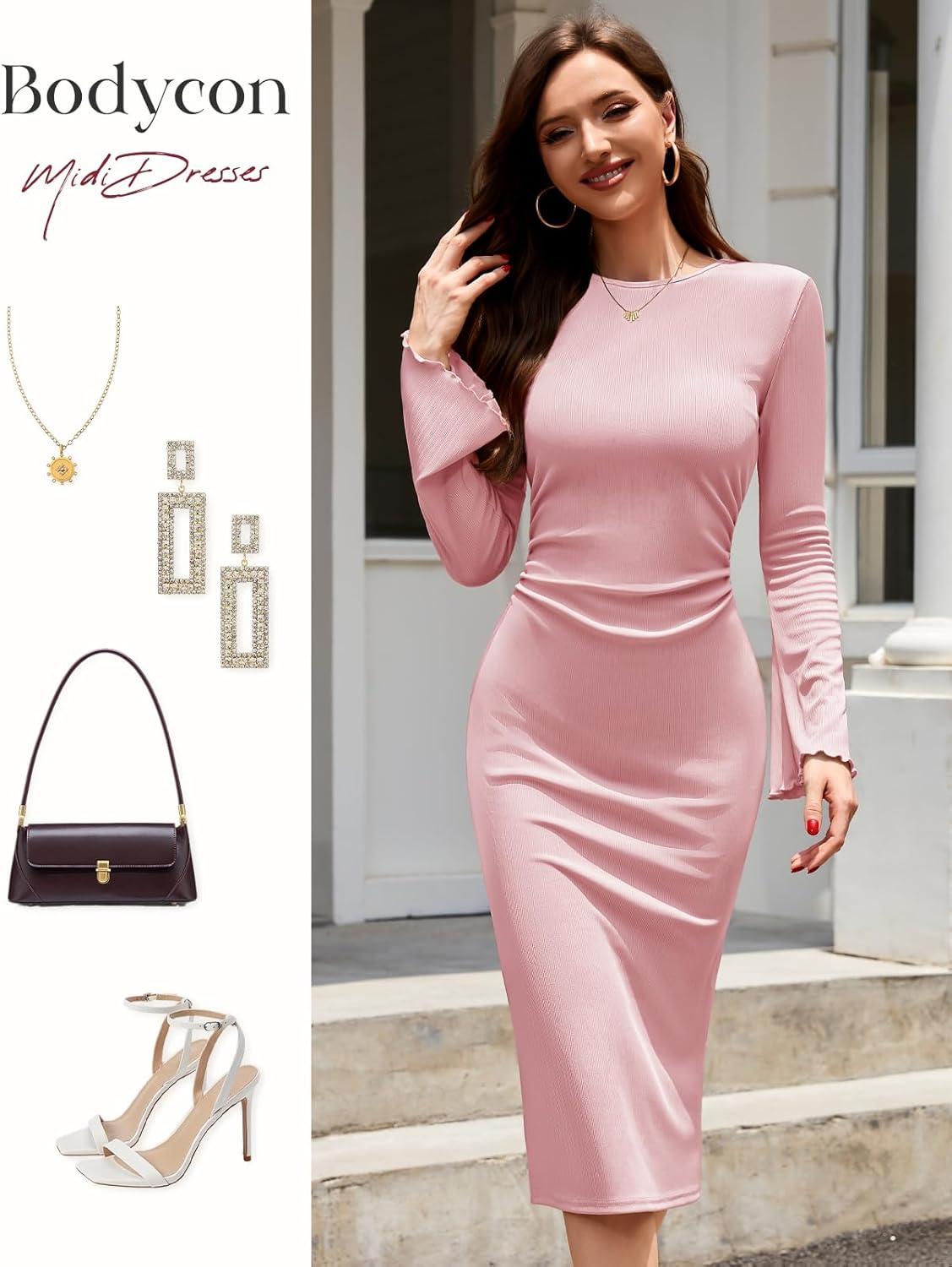 imageHomRain Womens Crew Neck Bodycon Dresses for 2025 Fall Ribbed Knit Midi Fashion Date Party Cocktail DressPink