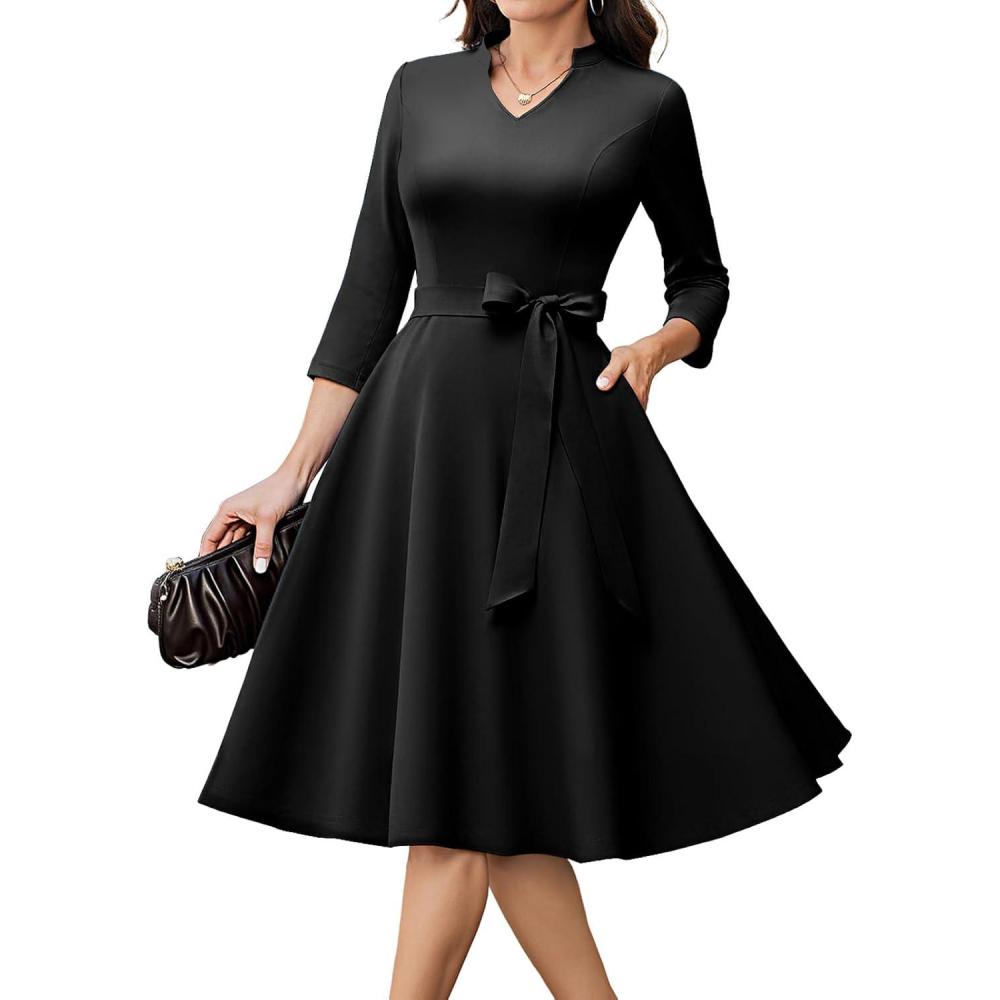imageHomRain Elegant Long Sleeve Church Dress for Women VNeck ALine Swing Cocktail Causal Dress with PocketsBlack