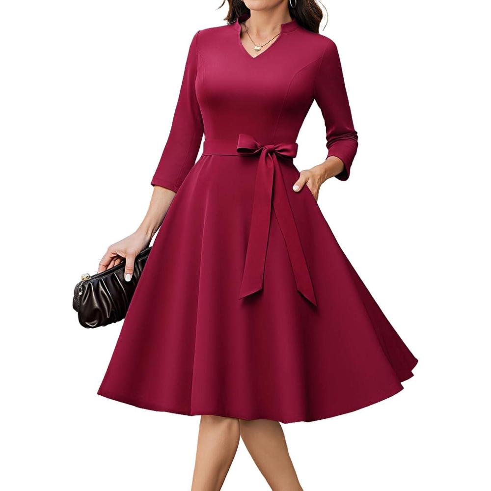 imageHomRain Elegant Long Sleeve Church Dress for Women VNeck ALine Swing Cocktail Causal Dress with PocketsBurgundy