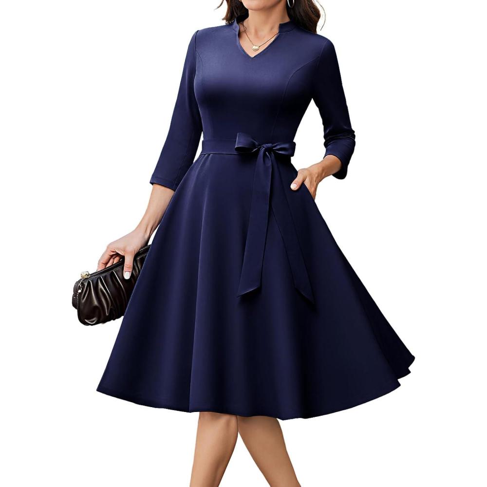 imageHomRain Elegant Long Sleeve Church Dress for Women VNeck ALine Swing Cocktail Causal Dress with PocketsNavy