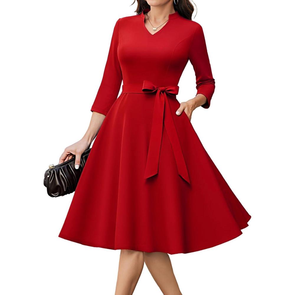 imageHomRain Elegant Long Sleeve Church Dress for Women VNeck ALine Swing Cocktail Causal Dress with PocketsRed