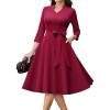 imageHomRain Elegant Long Sleeve Church Dress for Women VNeck ALine Swing Cocktail Causal Dress with PocketsBurgundy