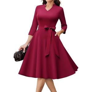 imageHomRain Elegant Long Sleeve Church Dress for Women VNeck ALine Swing Cocktail Causal Dress with PocketsBurgundy